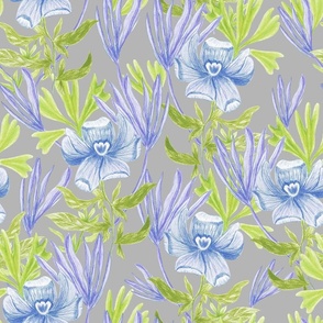 Seamless pattern with wildflowers and herbs, hand-drawn with colored pencils on paper 3