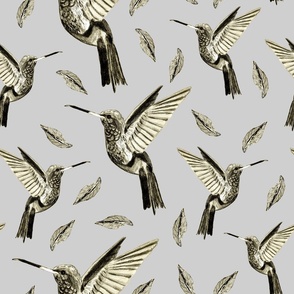 Seamless pattern with flying hummingbirds and leaves, hand drawn with colored pencils on paper 3