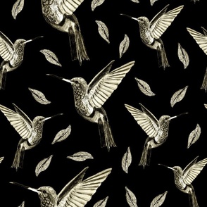 Seamless pattern with flying hummingbirds and leaves, hand drawn with colored pencils on paper 4
