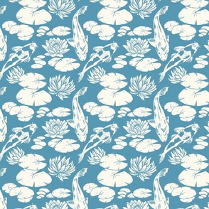 Koi fish and lily pads in pond light blue