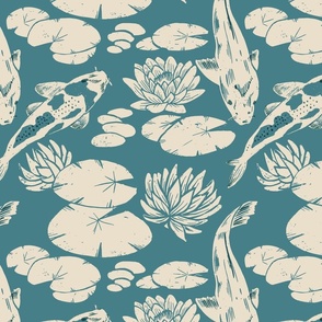 Koi fish and lily pads in pond teal blue 