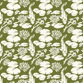 Koi fish and water lily pads in pond block print in  olive green