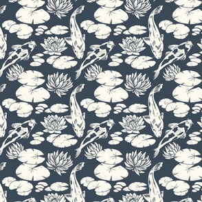Koi fish and water lily pads in pond block print dark navy blue