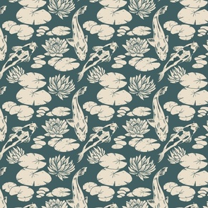 Koi fish and water lily pads in pond block print antique teal