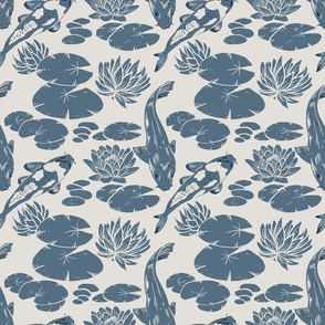 Koi fish and water lily pads in pond vintage dark blue on ivory