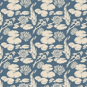 Koi fish and water lily pads in pond dark vintage blue