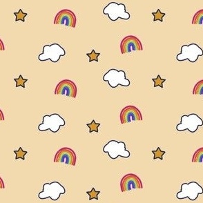 Rainbows, clouds, and stars on peach