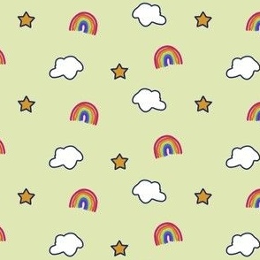 Rainbows,  clouds, and stars on lime green