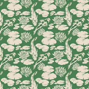 Koi fish and water lily pads in pond ivory on vintage green