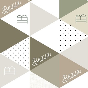 rotated beaux: nickainley font on 6" triangle wholecloth: mossy, verde, cypress, maple, cake batter, moth