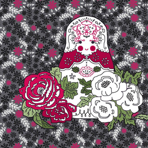Babushka doll with roses embroidery template