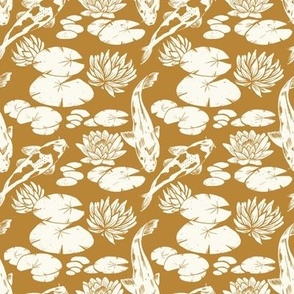 Koi fish and water lily pads in pond block print  marigold yellow