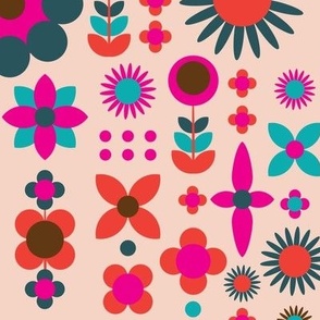 Medium Scale Bold Geometric Folk Flowers in Orange and Blue on Pink 