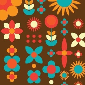 Medium Scale Bold Geometric Folk Flowers in Orange Blue on Brown 