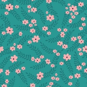 leave and little flowers on turquoise fabric