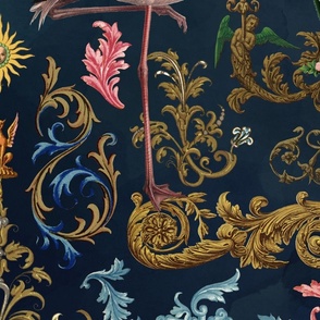 Vintage Baroque Bohemian Elegance With Flamingo On Dark Blue