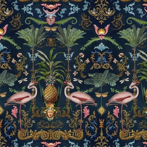 Vintage Baroque Bohemian Elegance With Flamingo On Dark Blue Smaller Scale
