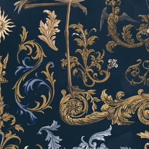 Vintage Baroque Bohemian Elegance With Flamingo In Sepia And Blue