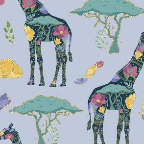 Floral Giraffe Silhouette - Cool Colours with Gold Metallic (large)