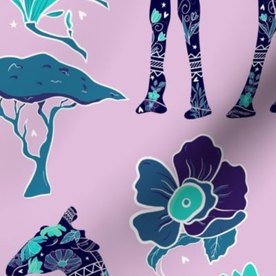 Floral Giraffe Silhouette - Lilac and Teal (large)