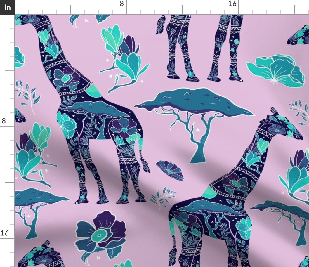 Floral Giraffe Silhouette - Lilac and Teal (large)