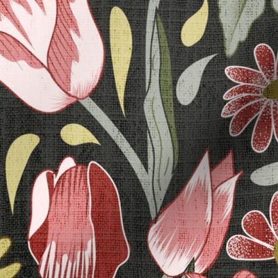 Garden Dreams- Tulips Daisy Foamflower Botanical- Dusky Rose Yellow Sage Artichoke on Olive Ebony Floral- Large Scale