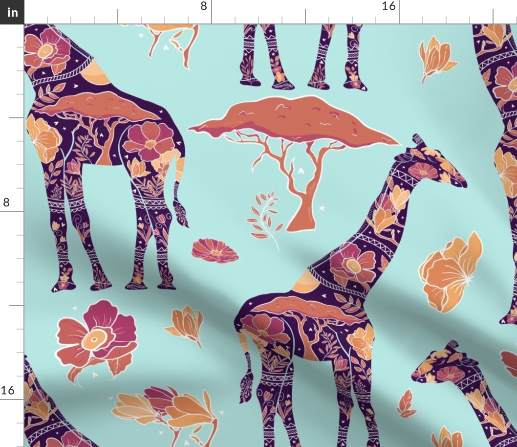 Floral Giraffe Silhouette - Purple Haze on mint (large)