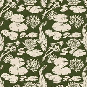 Koi fish and water lily pads in pond block print dark green and cream