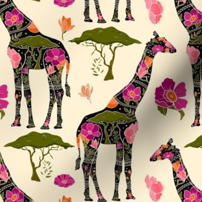 Floral Giraffe Silhouette - Vibrant Pinks (small)