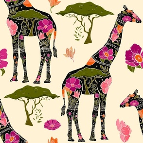 Floral Giraffe Silhouette - Vibrant Pinks (Large)