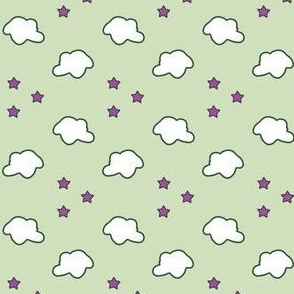 Clouds and purple stars on light green
