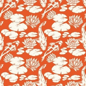 Koi fish and water lily pads in pond block print in crimson red