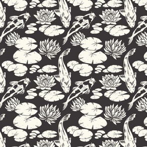 Koi fish and water lily pads in pond black and white