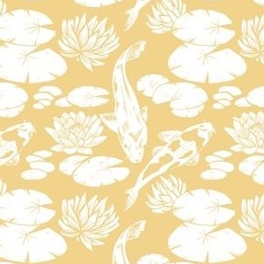 Koi fish and water lily pads in pond butter yellow