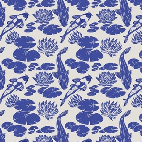 Koi fish and water lily pads in pond block print dark blue