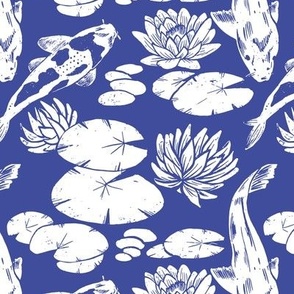 Koi fish and water lily pads in pond block print royal blue and white