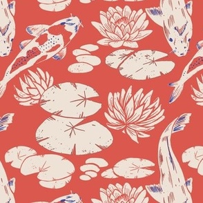 Koi fish and water lily pads in pond block print in crimson red and royal blue