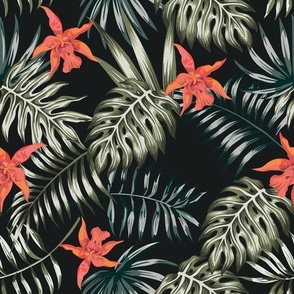 Orchids and Tropical Leaves in Orange and Green on Black