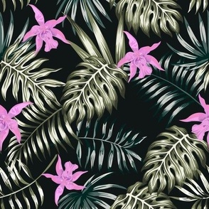 Orchids and Tropical Leaves in Pink and Green on Black