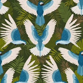 Tropical Blue Parrots and Palm leafs