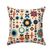 Medium Scale Retro Bold Geometric Folk Flowers in Blue Navy Red Orange