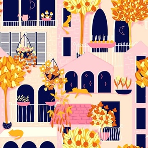 balcony garden with cats light pink and orange - large scale