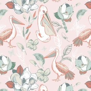 Gentle white flowers and pelican on pink