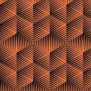 Op Art Hexagon Striped Star in Black and Orange Small Scale