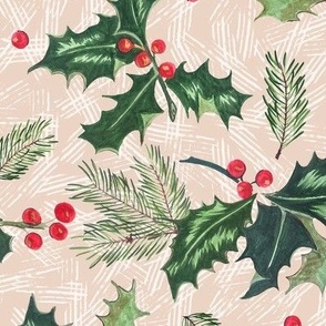 Holly and Pine on beige with white hashmarks - Larger