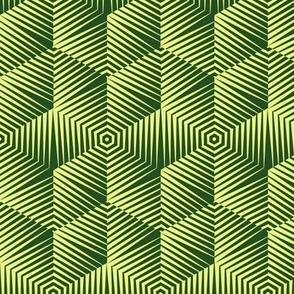 Op Art Hexagon Striped Star in Yellow on Dark Green Small Scale