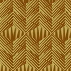 Op Art Hexagon Striped Stars Old Gold on Yellow Small Scale