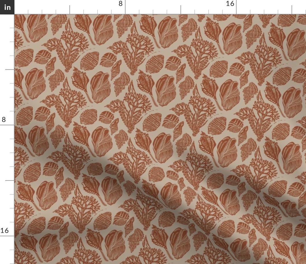 coastal sea shells and coral vintage block print in rust brown and cream