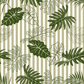 Tropical Foliage on Vertical Pinstripes in Sage Green - Coordinate