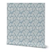 Coastal shellfish coral and sea shells block print in periwinkle blue